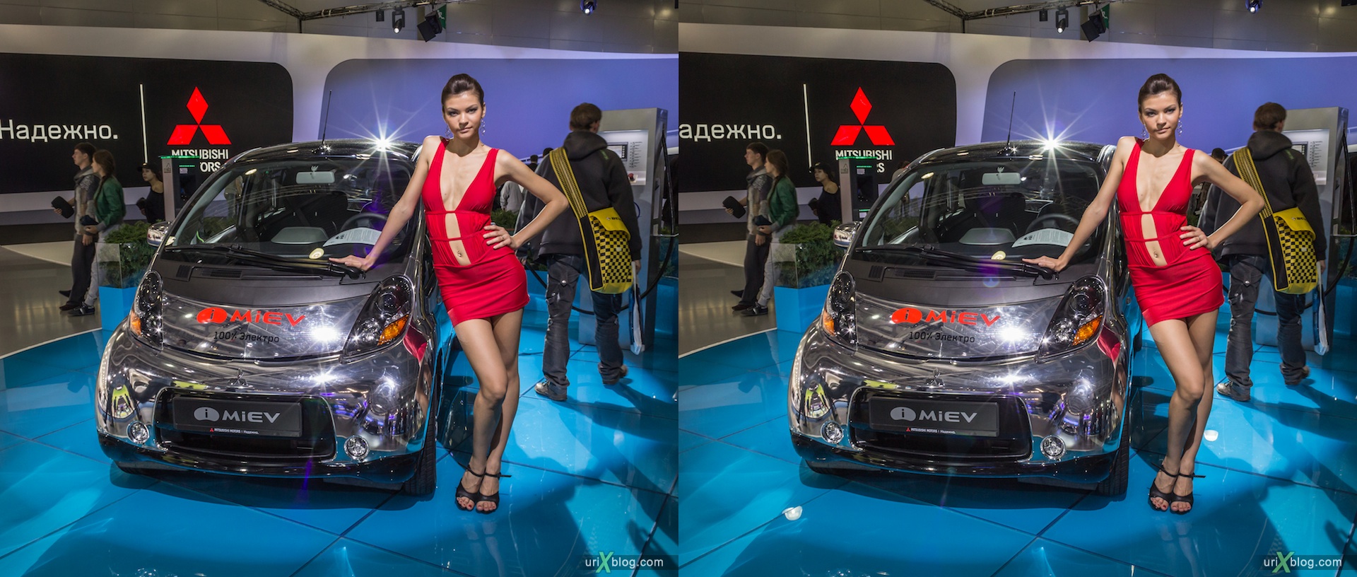 2012, i-Miev electro, girl, model, Moscow International Automobile Salon, auto show, 3D, stereo pair, cross-eyed, crossview