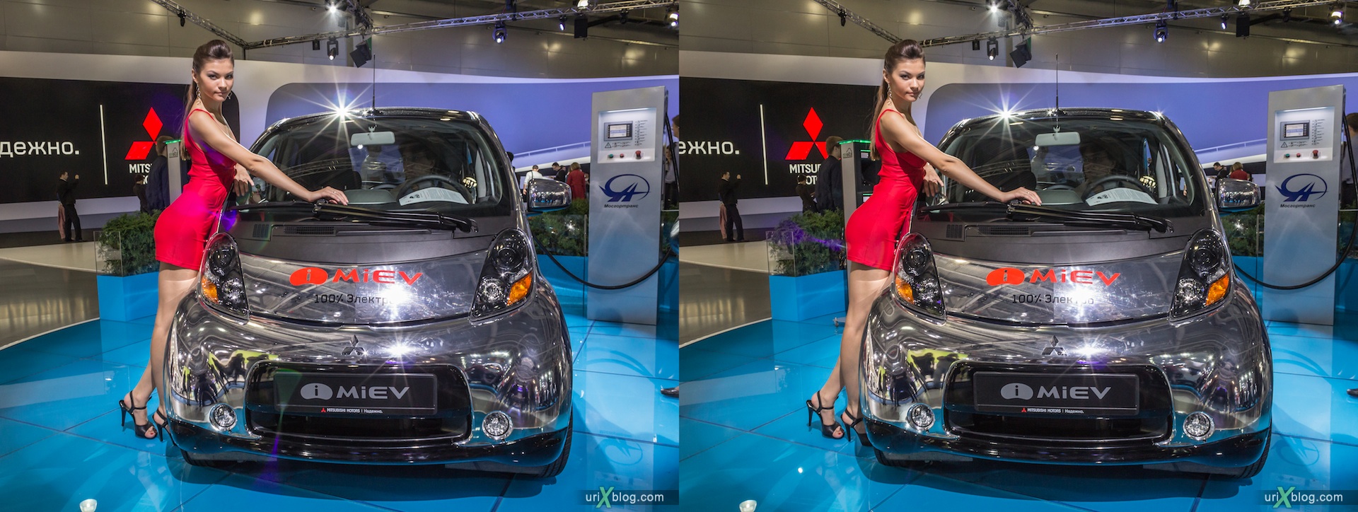 2012, i-Miev electro, girl, model, Moscow International Automobile Salon, auto show, 3D, stereo pair, cross-eyed, crossview