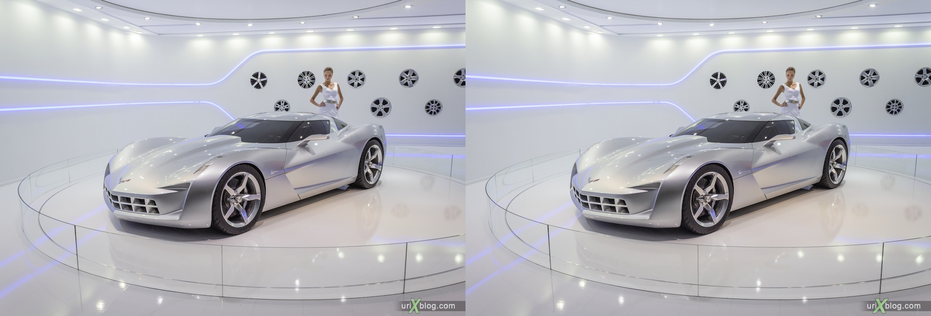 2012, Corvette Stingray, girl, model, Moscow International Automobile Salon, auto show, 3D, stereo pair, cross-eyed, crossview