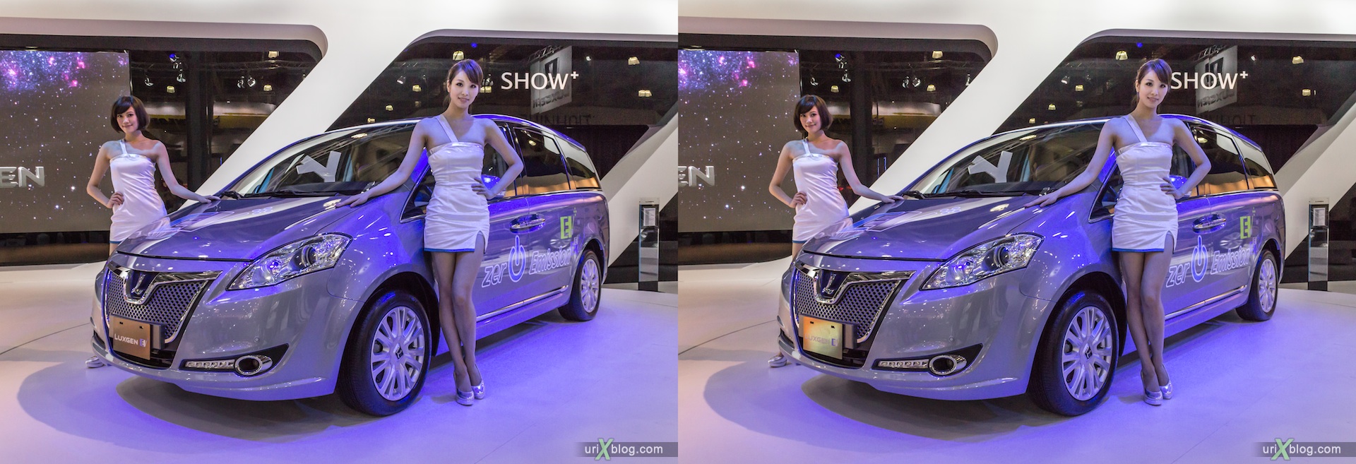 2012, Luxgen E, girl, model, Moscow International Automobile Salon, auto show, 3D, stereo pair, cross-eyed, crossview
