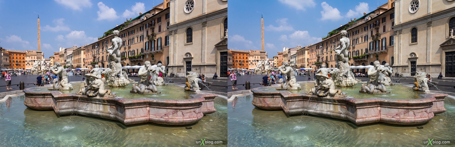 2012, the Moor fountain, Piazza Navona, Rome, Italy, 3D, stereo pair, cross-eyed, crossview, cross view stereo pair