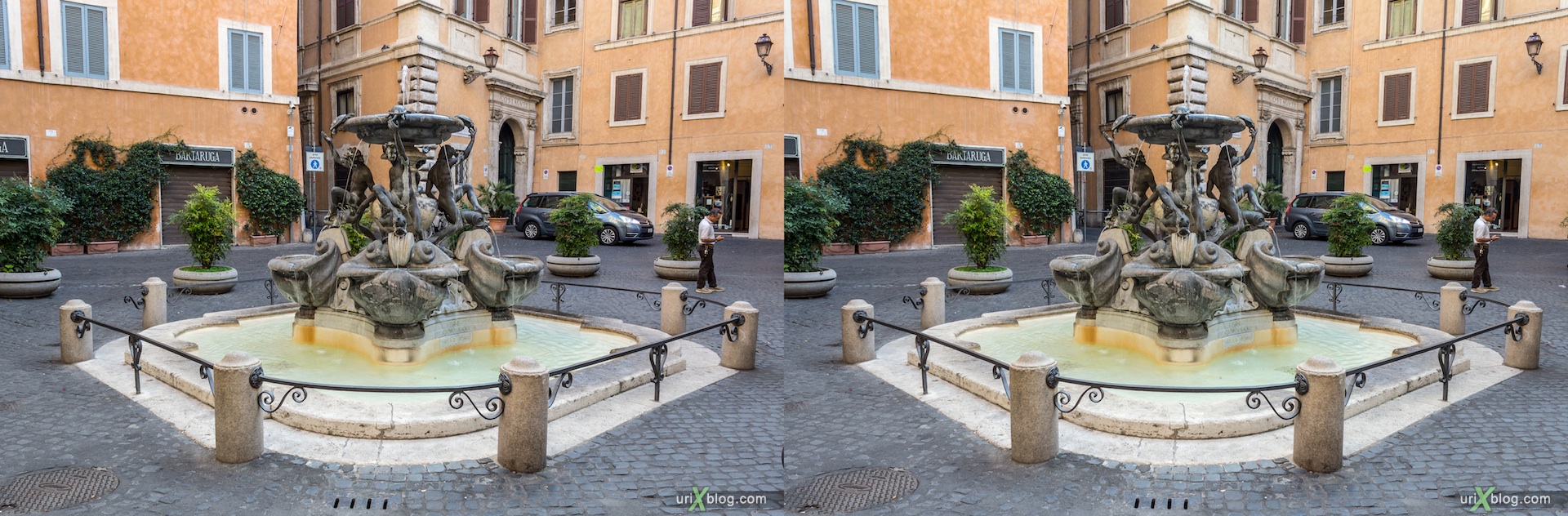2012, Turtle fountain, Rome, Italy, 3D, stereo pair, cross-eyed, crossview, cross view stereo pair