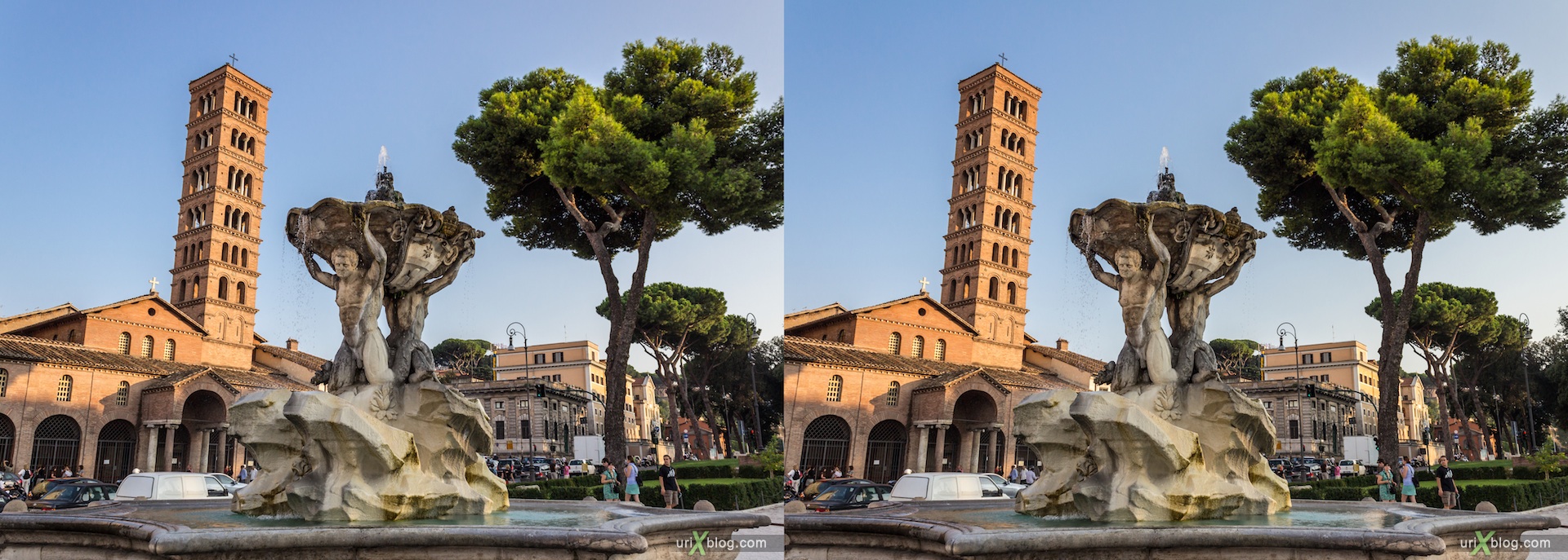 2012, fountain of the Tritons, Forum Boarium, Rome, Italy, 3D, stereo pair, cross-eyed, crossview, cross view stereo pair