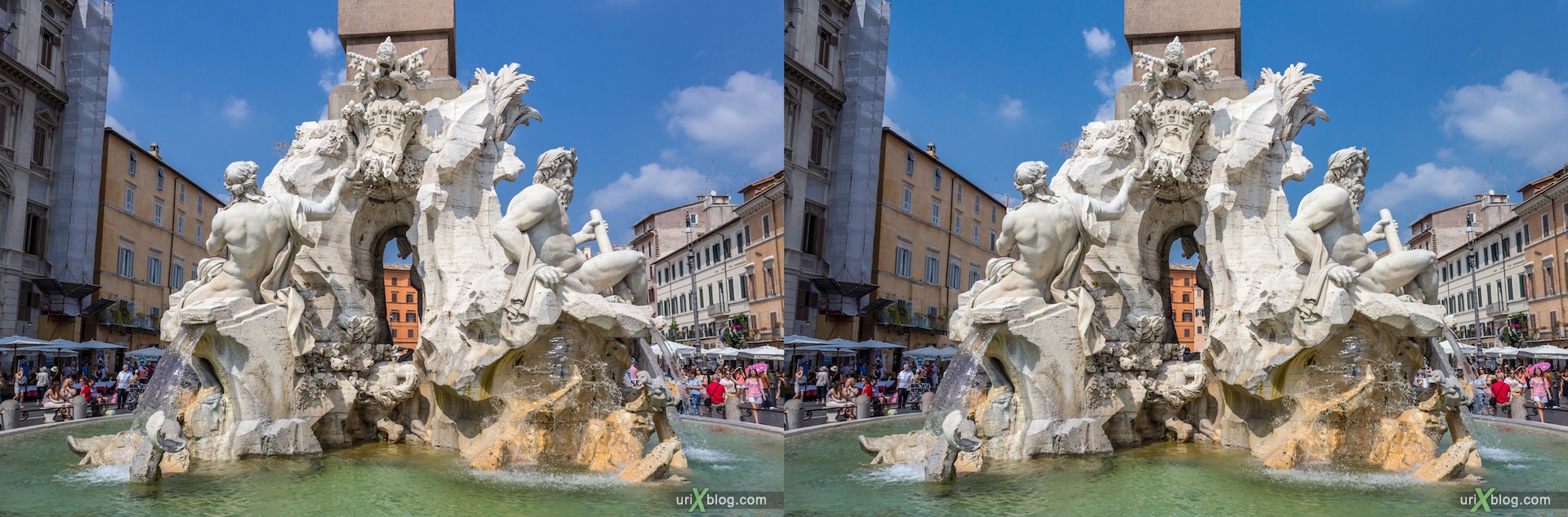 2012, fountain of the Four Rivers, Piazza Navona, Rome, Italy, 3D, stereo pair, cross-eyed, crossview, cross view stereo pair