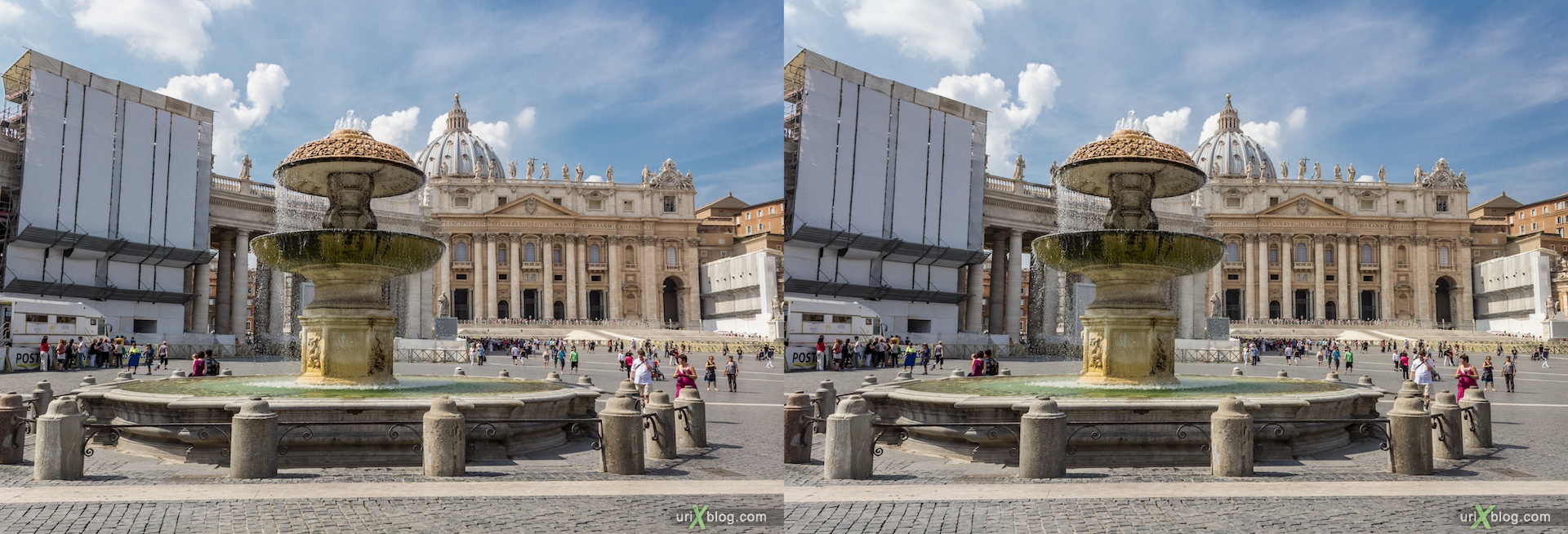 2012, southern fountain, Saint Peter's Basilica, square, Vatican, Rome, Italy, 3D, stereo pair, cross-eyed, crossview, cross view stereo pair