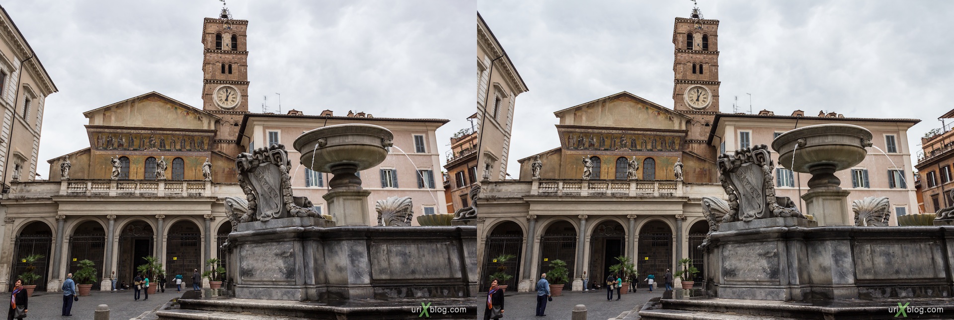 2012, fountain, Santa Maria in Trastevere, square, church, Rome, Italy, 3D, stereo pair, cross-eyed, crossview, cross view stereo pair
