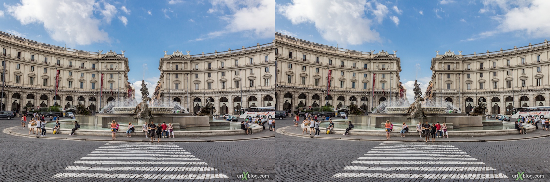 2012, fountain of the Naiads, Piazza della Repubblica, Rome, Italy, 3D, stereo pair, cross-eyed, crossview, cross view stereo pair
