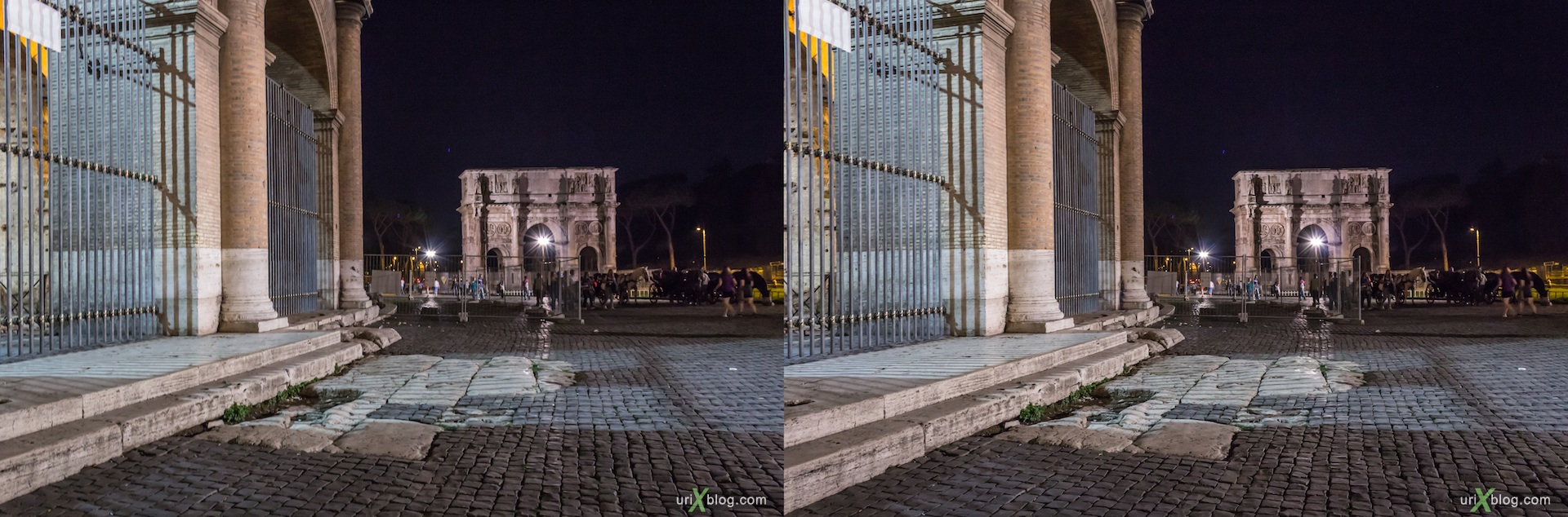 2012, Colosseum, Coliseum, Flavian Amphitheatre, Arch of Constantine, Rome, Italy, night, 3D, stereo pair, cross-eyed, crossview, cross view stereo pair