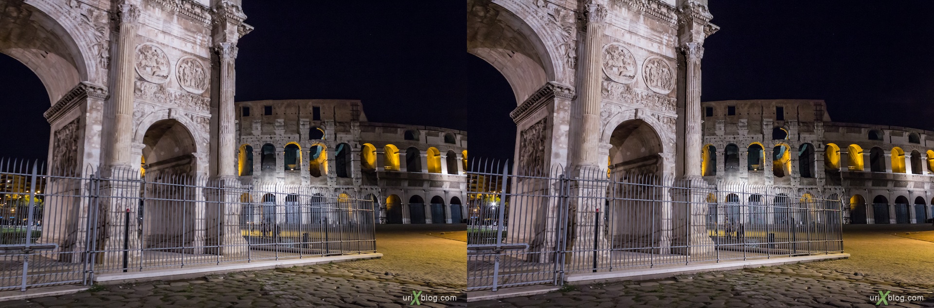 2012, Colosseum, Coliseum, Flavian Amphitheatre, Arch of Constantine, Rome, Italy, night, 3D, stereo pair, cross-eyed, crossview, cross view stereo pair