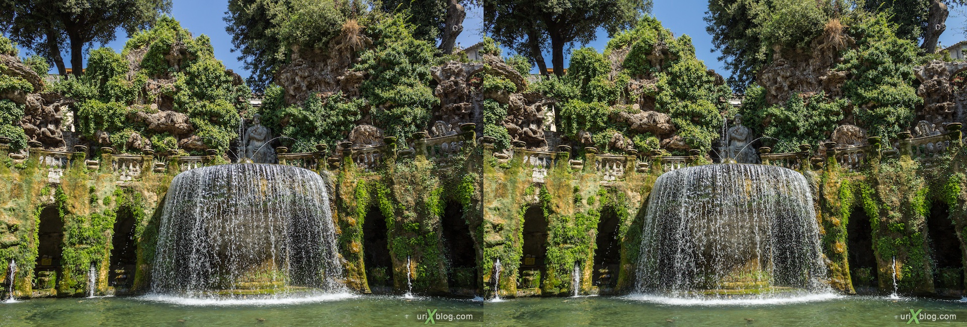 2012, Oval fountain, Fontana dell'Ovato, villa D'Este, Italy, Tivoli, Rome, 3D, stereo pair, cross-eyed, crossview, cross view stereo pair