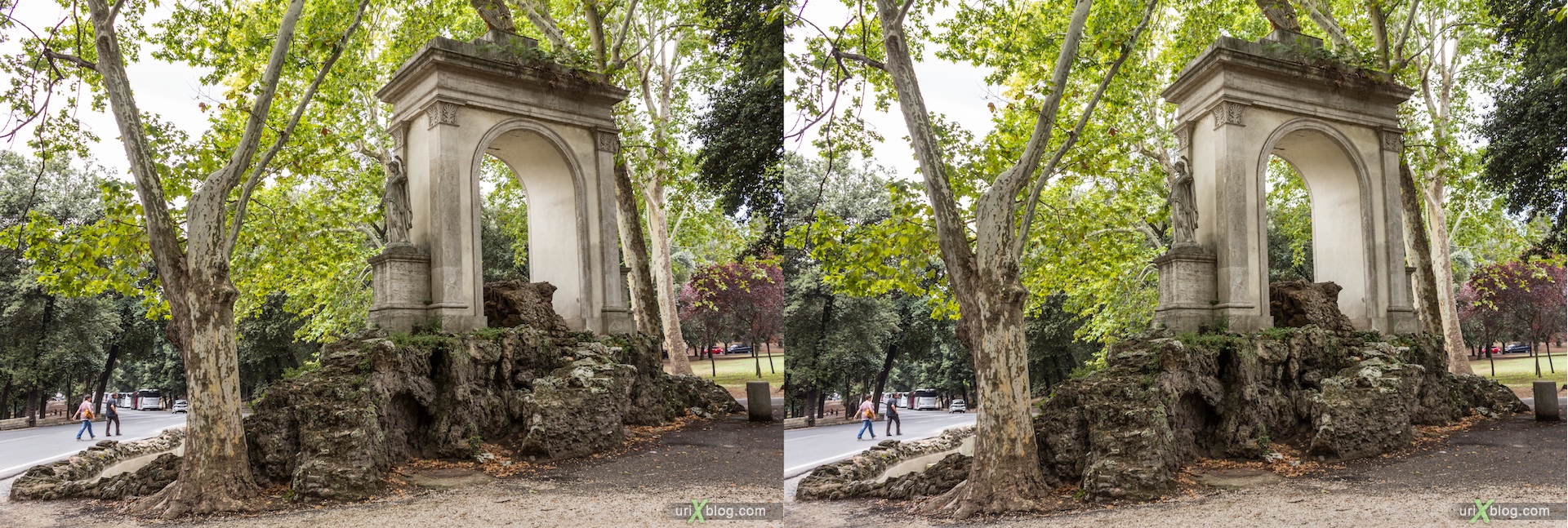 2012, fountain, park villa Borghese, Rome, Italy, 3D, stereo pair, cross-eyed, crossview, cross view stereo pair
