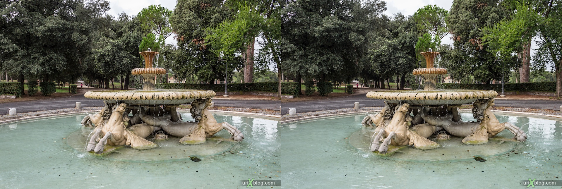 2012, fountain, park villa Borghese, Rome, Italy, 3D, stereo pair, cross-eyed, crossview, cross view stereo pair
