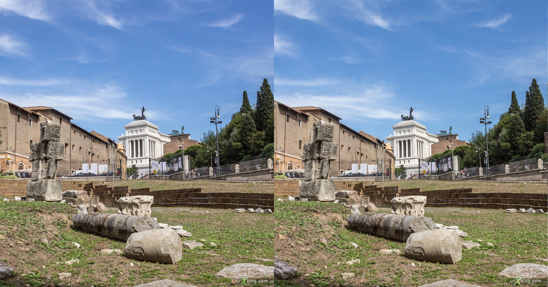 2012, Temple of Bellona, Theater of Marcellus, Vittoriano, Rome, Italy, 3D, stereo pair, cross-eyed, crossview, cross view stereo pair