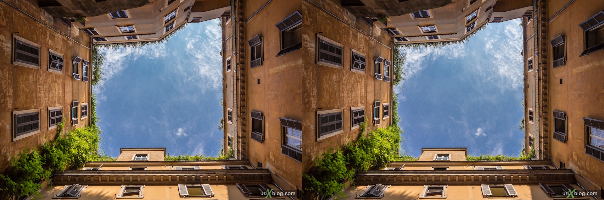 2012, Via del Pozzo street, courtyard, patio, sky, Rome, Italy, 3D, stereo pair, cross-eyed, crossview, cross view stereo pair