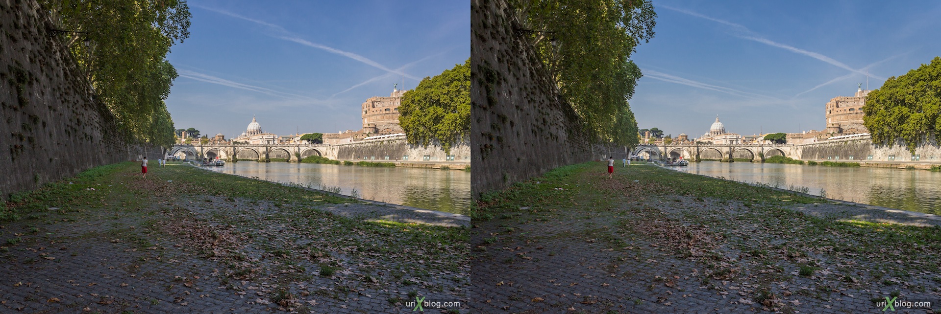2012, seafront, embankment, Tiber river, bridge of Umberto 1, bridge of Sant Angelo, 3D, stereo pair, cross-eyed, crossview, cross view stereo pair