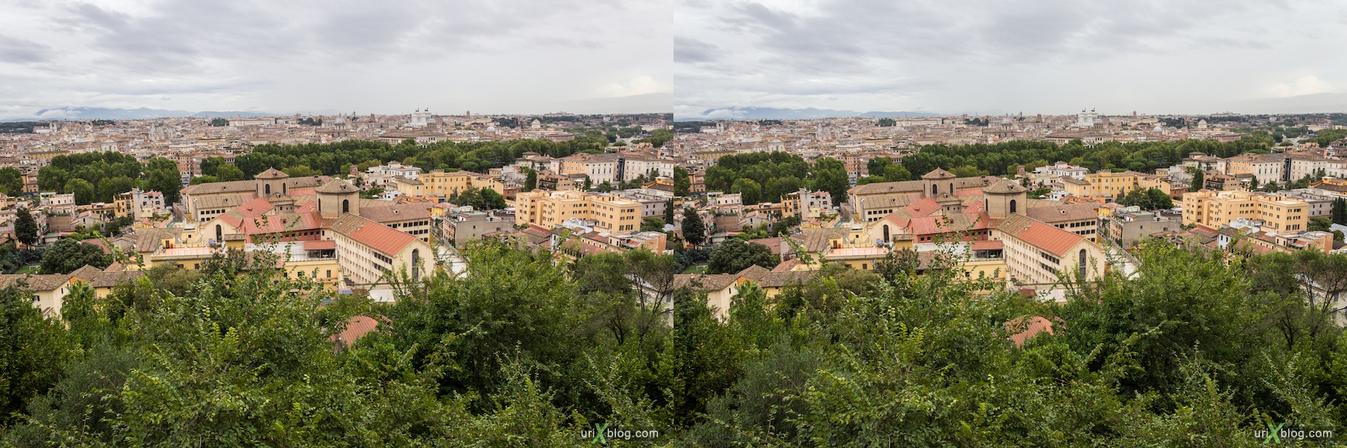 2012, Lighthouse of Gianicolo, Passeggiata del Gianicolo street, viewpoint, panorama, trees, city, Rome, Italy, Europe, 3D, stereo pair, cross-eyed, crossview, cross view stereo pair