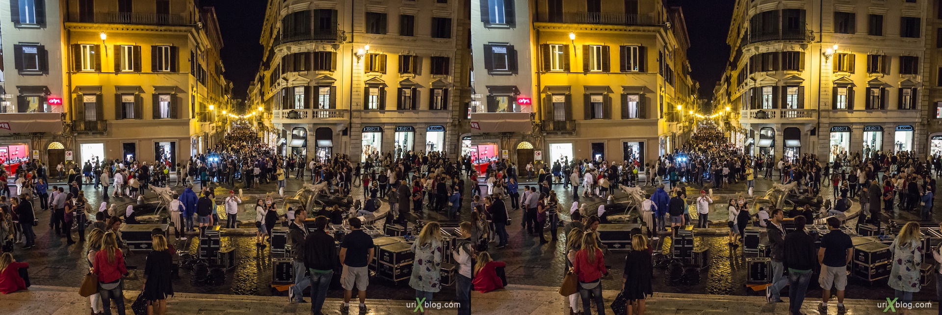 2012, Vogue Fashions Night Out, festival, Spanish square, Fountain of the Old Boat, via dei Condotti street, Rome, Italy, Europe, 3D, stereo pair, cross-eyed, crossview, cross view stereo pair