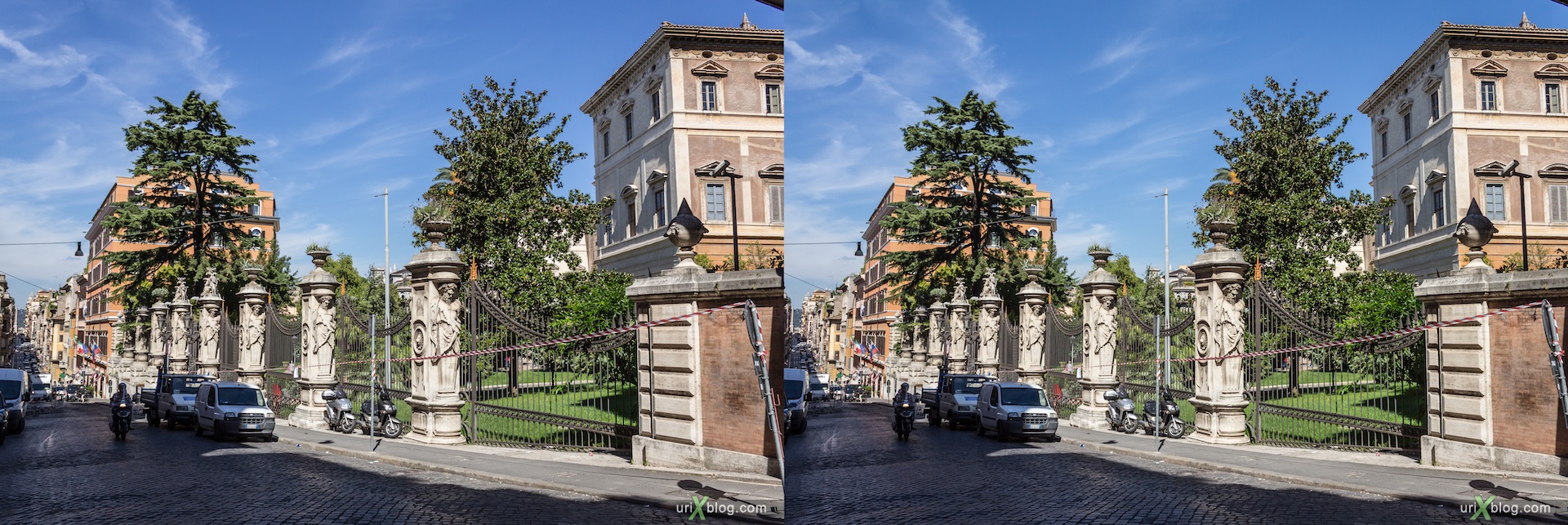 2012, fence, Barberini palace, Palazzo Barberini, Via delle Quattro Fontane street,Rome, Italy, Europe, 3D, stereo pair, cross-eyed, crossview, cross view stereo pair