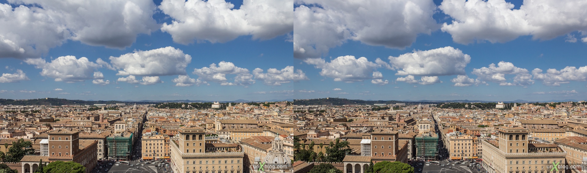 2012, Vittoriano, Monument of Vittorio Emanuele II, roof, panorama, viewpoint, city view, Rome, Italy, Europe, 3D, stereo pair, cross-eyed, crossview, cross view stereo pair