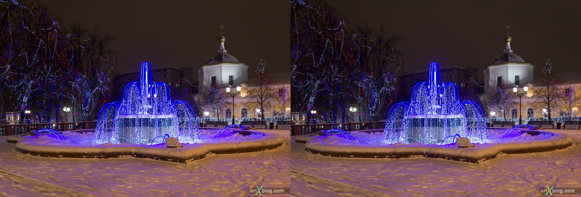 2013, Moscow, Tverskaja square, night, fountain, snow, winter, new year, christmass tree, city, Russia, 3D, stereo pair, cross-eyed, crossview, cross view stereo pair