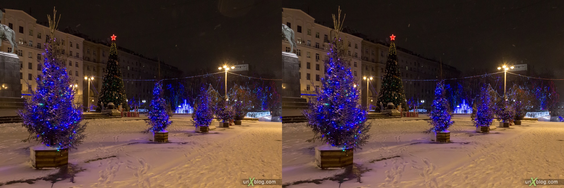 2013, Moscow, Tverskaja square, night, fountain, snow, winter, new year, christmass tree, city, Russia, 3D, stereo pair, cross-eyed, crossview, cross view stereo pair