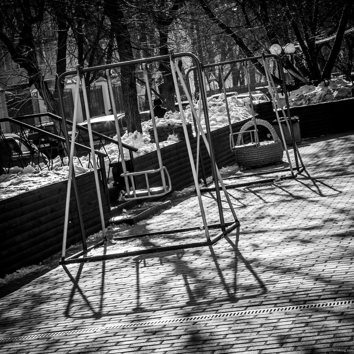 2013, Bolshaya Bronnaya street, swing, shop, Moscow, Russia, winter, snow, dust, city, black and white, B/W