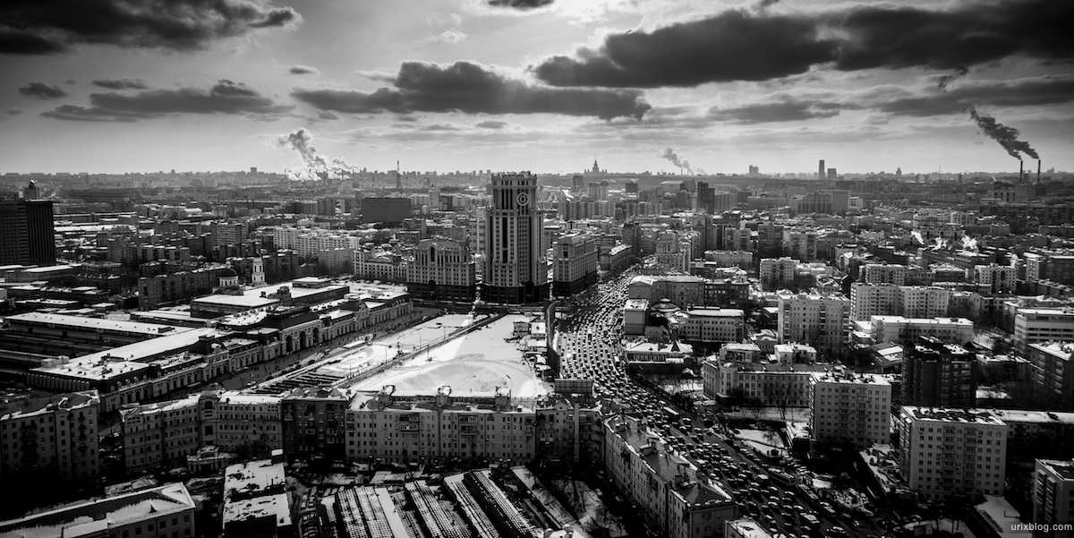 2013, Moscow, Russia, black and white, B/W, swissotel, Red Hill, Paveletskaya square, Paveletsky railway station, Zatsepskiy val street, traffic jam, cars, sky, clouds