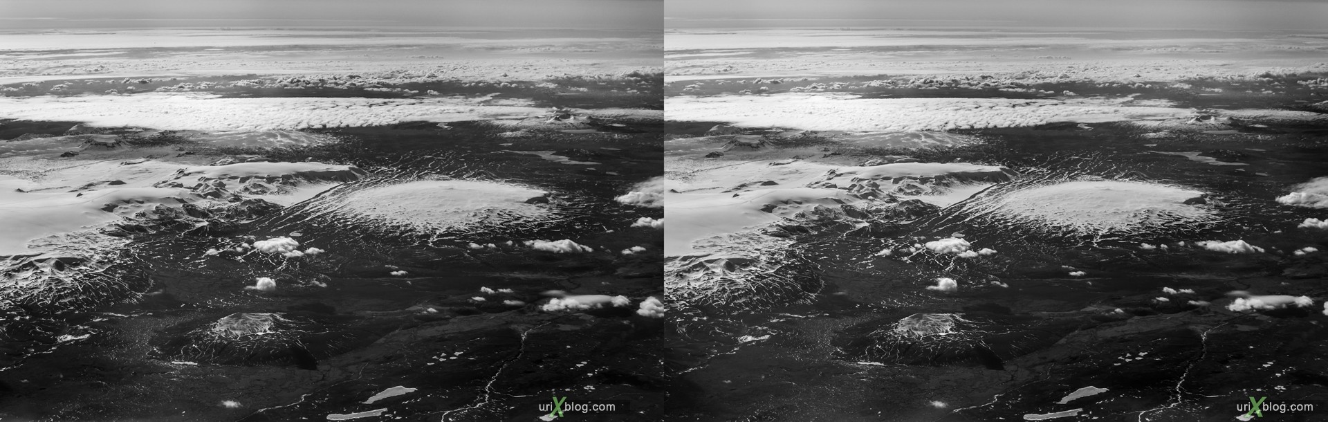 2013, Iceland, mountains, panorama, airplane, black and white, bw, snow, ice, clouds, horizon, 3D, stereo pair, cross-eyed, crossview, cross view stereo pair, stereoscopic