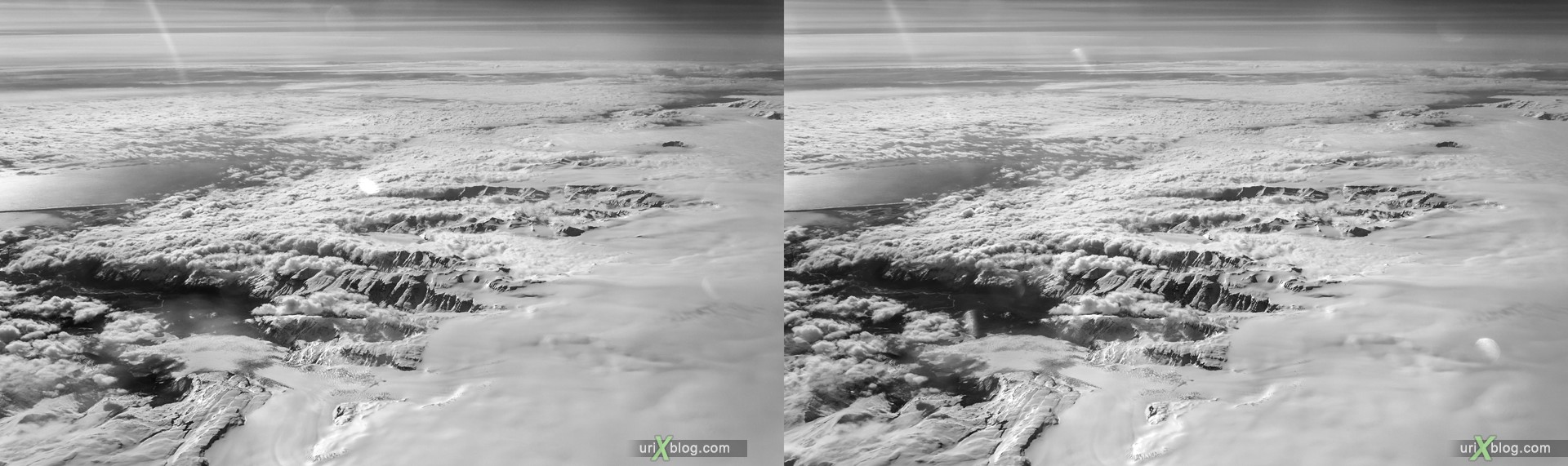 2013, Исландия, горы, панорама, самолёт, чёрно-белое, чб, снег, лёд, облака, горизонт, 3D, перекрёстные стереопары, стерео, стереопара, стереопары