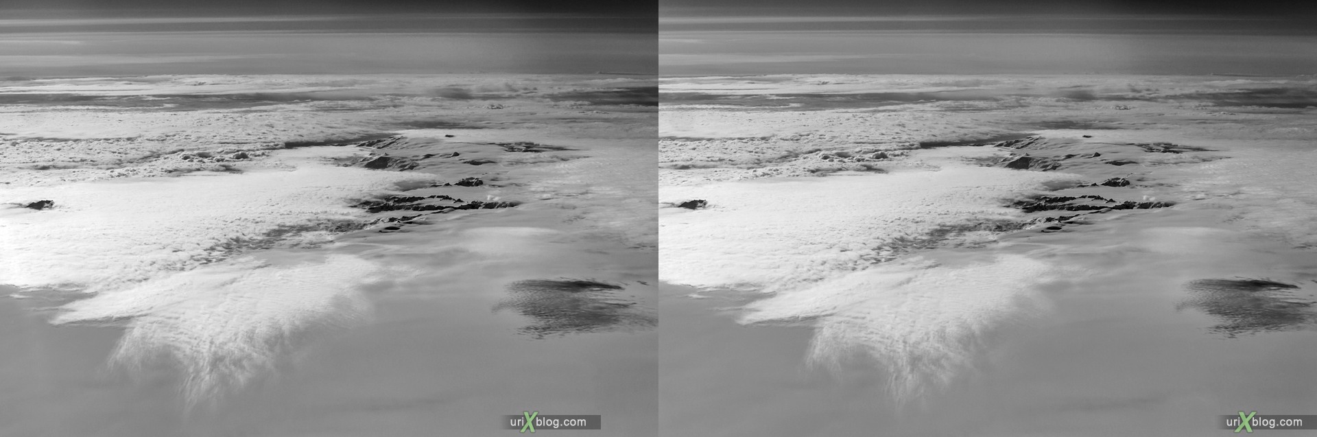 2013, Iceland, mountains, panorama, airplane, black and white, bw, snow, ice, clouds, horizon, 3D, stereo pair, cross-eyed, crossview, cross view stereo pair, stereoscopic