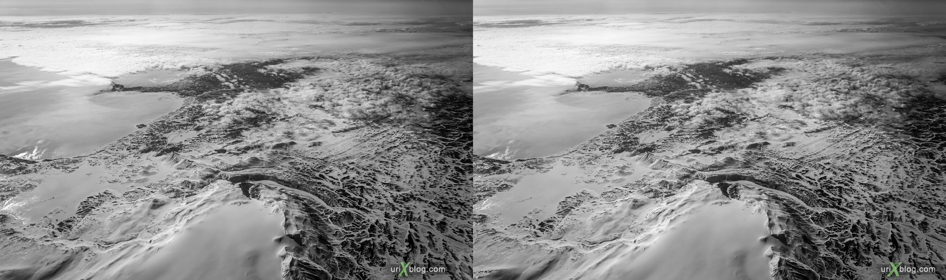 2013, Исландия, горы, панорама, самолёт, чёрно-белое, чб, снег, лёд, облака, горизонт, 3D, перекрёстные стереопары, стерео, стереопара, стереопары