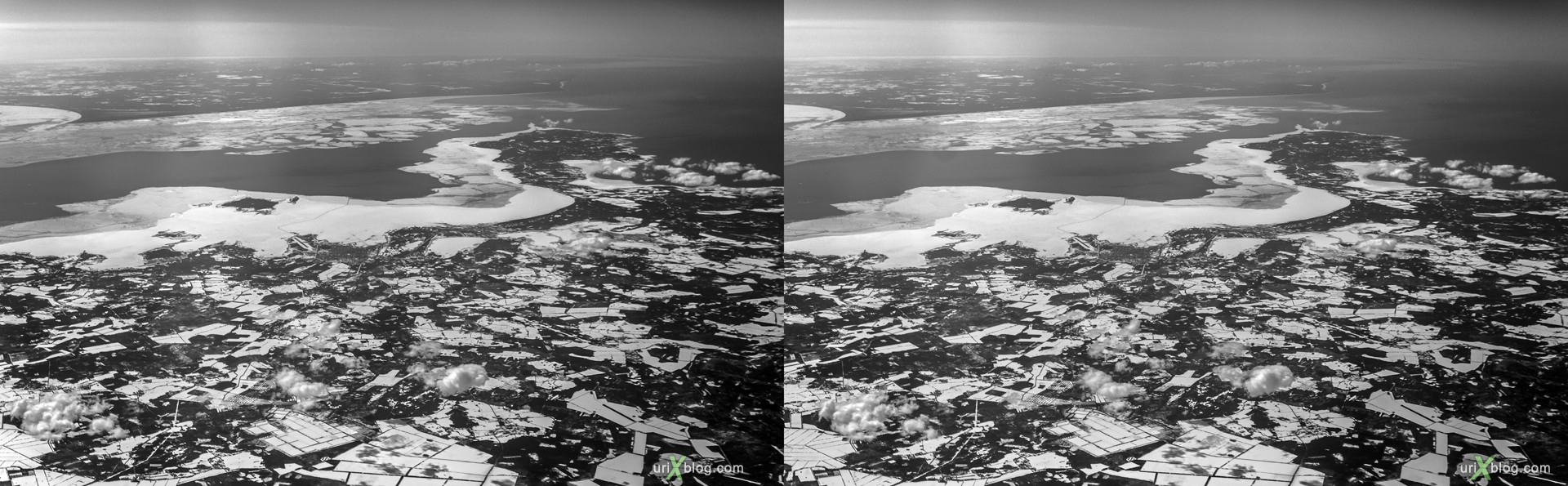 2013, Baltic sea, Gulf of Riga, Saaremaa island, Estonia, panorama, airplane, black and white, bw, snow, ice, clouds, horizon, 3D, stereo pair, cross-eyed, crossview, cross view stereo pair, stereoscopic