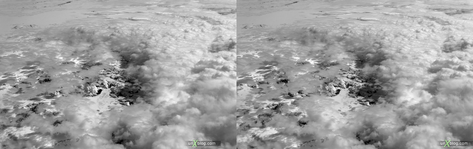 2013, Newfoundland and Labrador, panorama, airplane, black and white, bw, snow, ice, clouds, horizon, 3D, stereo pair, cross-eyed, crossview, cross view stereo pair, stereoscopic