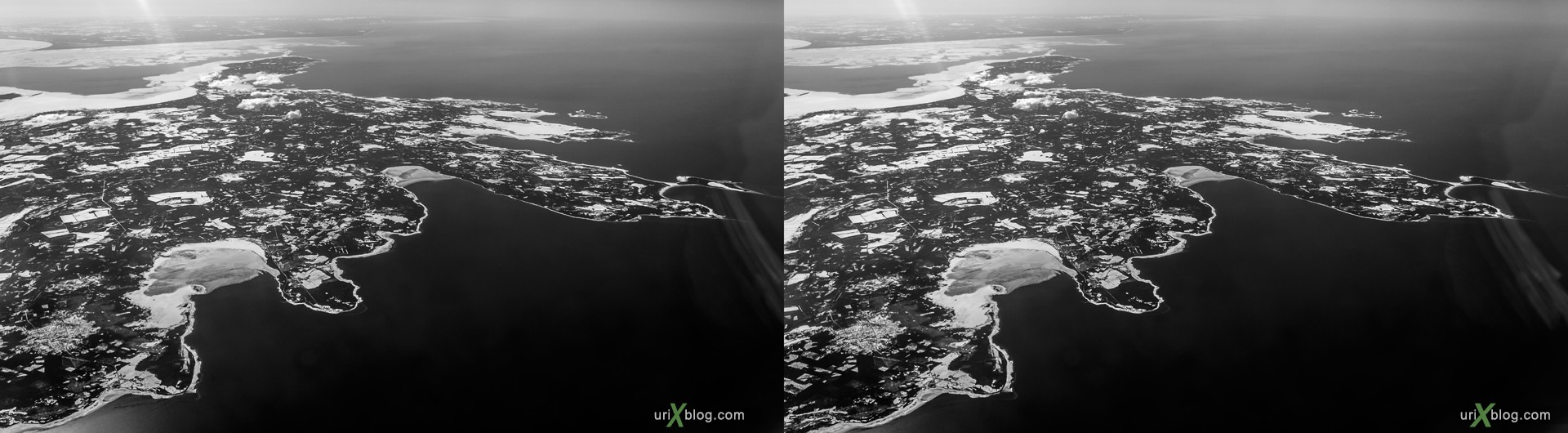 2013, Балтийское море, Рижский залив, остров Сааремаа, панорама, самолёт, чёрно-белое, чб, снег, лёд, облака, горизонт, 3D, перекрёстные стереопары, стерео, стереопара, стереопары
