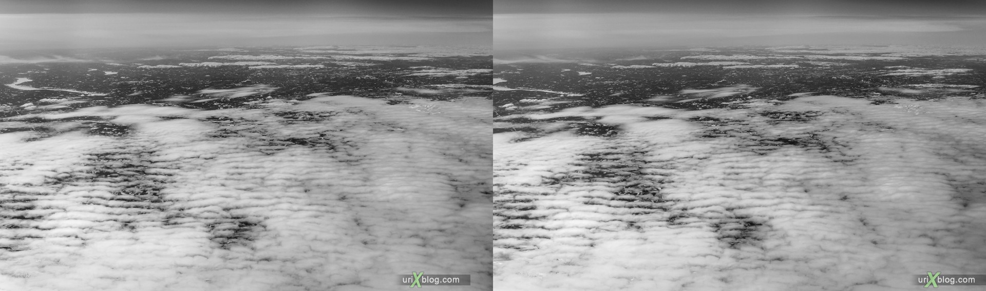 2013, Норвегия, панорама, самолёт, чёрно-белое, чб, снег, лёд, облака, горизонт, 3D, перекрёстные стереопары, стерео, стереопара, стереопары