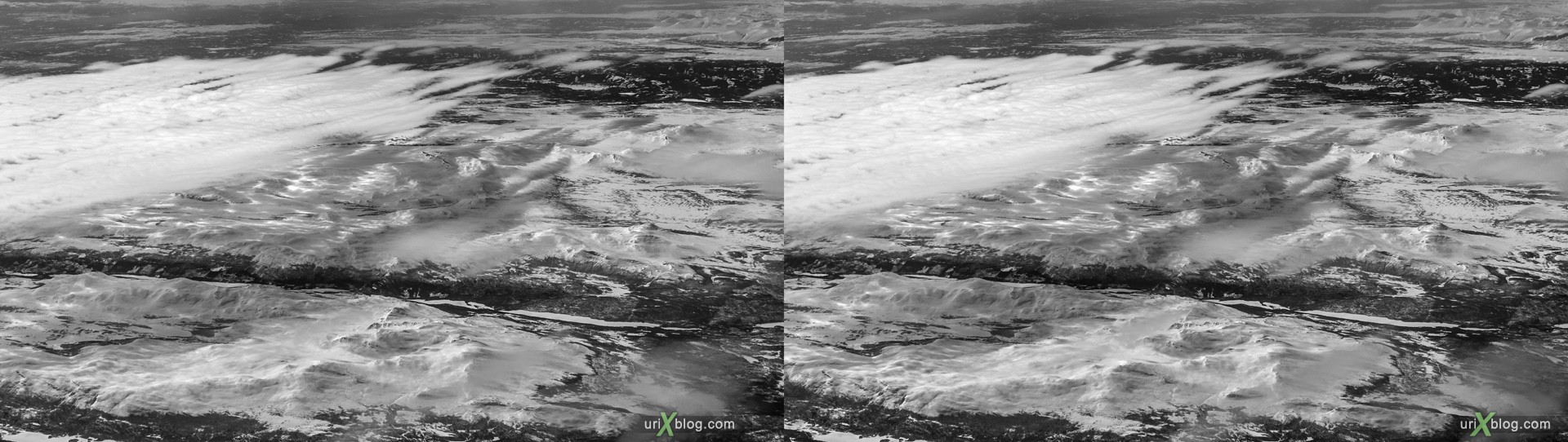 2013, Norway, mountains, panorama, airplane, black and white, bw, snow, ice, clouds, horizon, 3D, stereo pair, cross-eyed, crossview, cross view stereo pair, stereoscopic