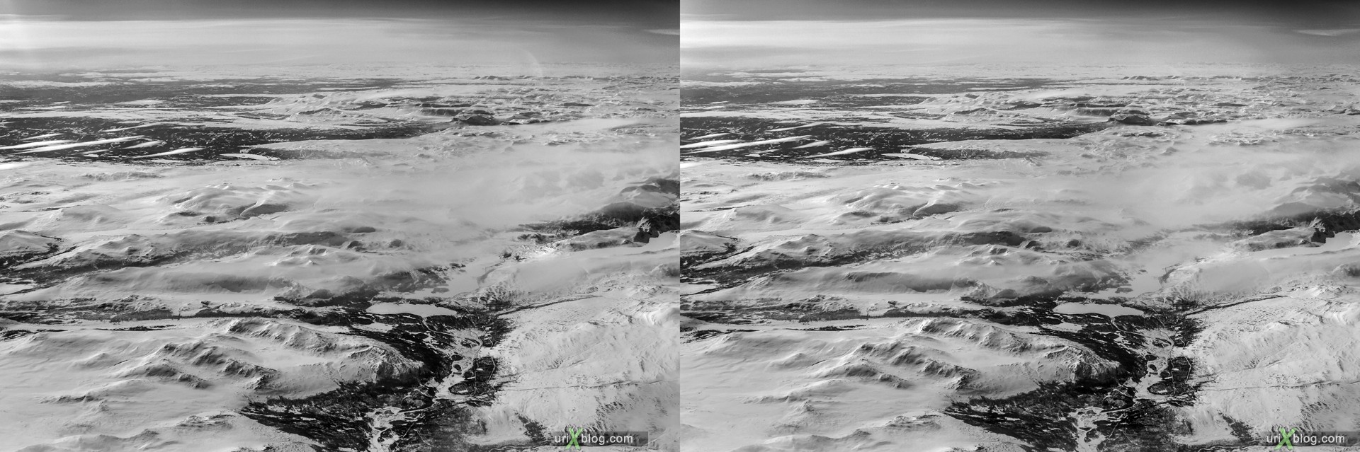 2013, Норвегия, горы, панорама, самолёт, чёрно-белое, чб, снег, лёд, облака, горизонт, 3D, перекрёстные стереопары, стерео, стереопара, стереопары
