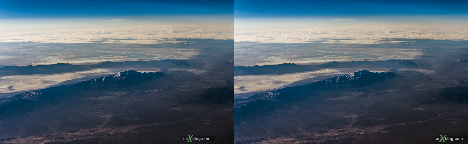 2013, Great Salt Lake, Utah, Rocky mountains, USA, panorama, airplane, black and white, bw, snow, ice, clouds, horizon, 3D, stereo pair, cross-eyed, crossview, cross view stereo pair, stereoscopic