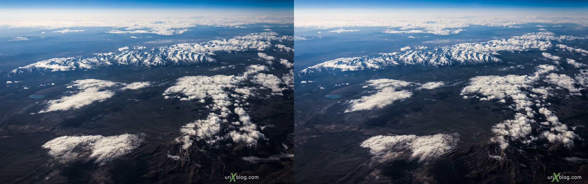 2013, Nevada, Rocky mountains, USA, panorama, airplane, black and white, bw, snow, ice, clouds, horizon, 3D, stereo pair, cross-eyed, crossview, cross view stereo pair, stereoscopic