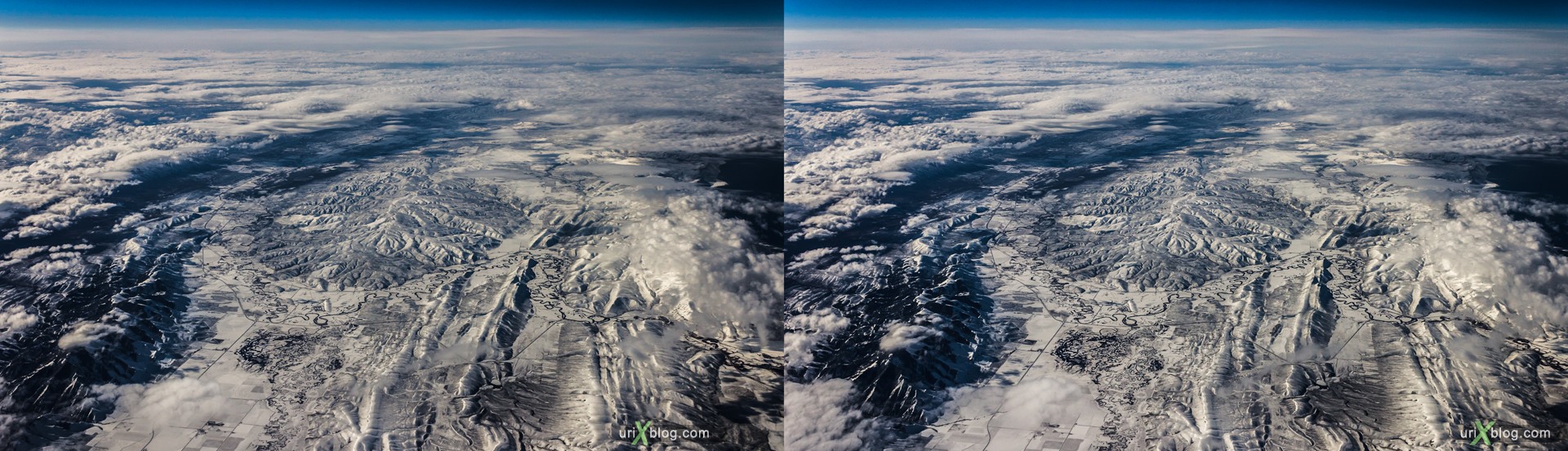 2013, Wyoming, Rocky mountains, USA, panorama, airplane, black and white, bw, snow, ice, clouds, horizon, 3D, stereo pair, cross-eyed, crossview, cross view stereo pair, stereoscopic