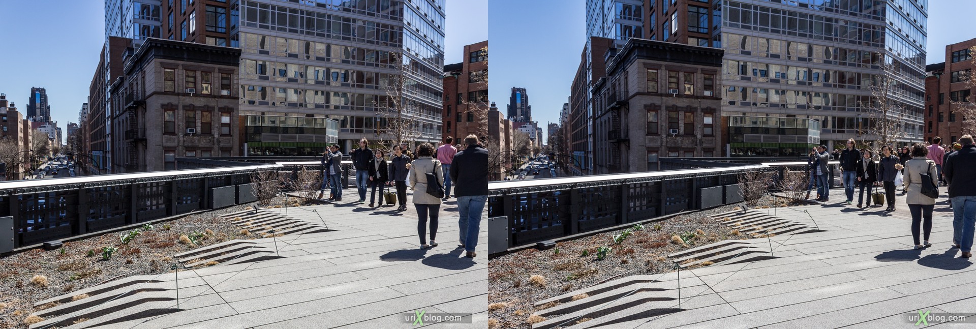 2013, High Line, park, railway, people, NYC, New York, Manhattan, USA, 3D, stereo pair, cross-eyed, crossview, cross view stereo pair, stereoscopic