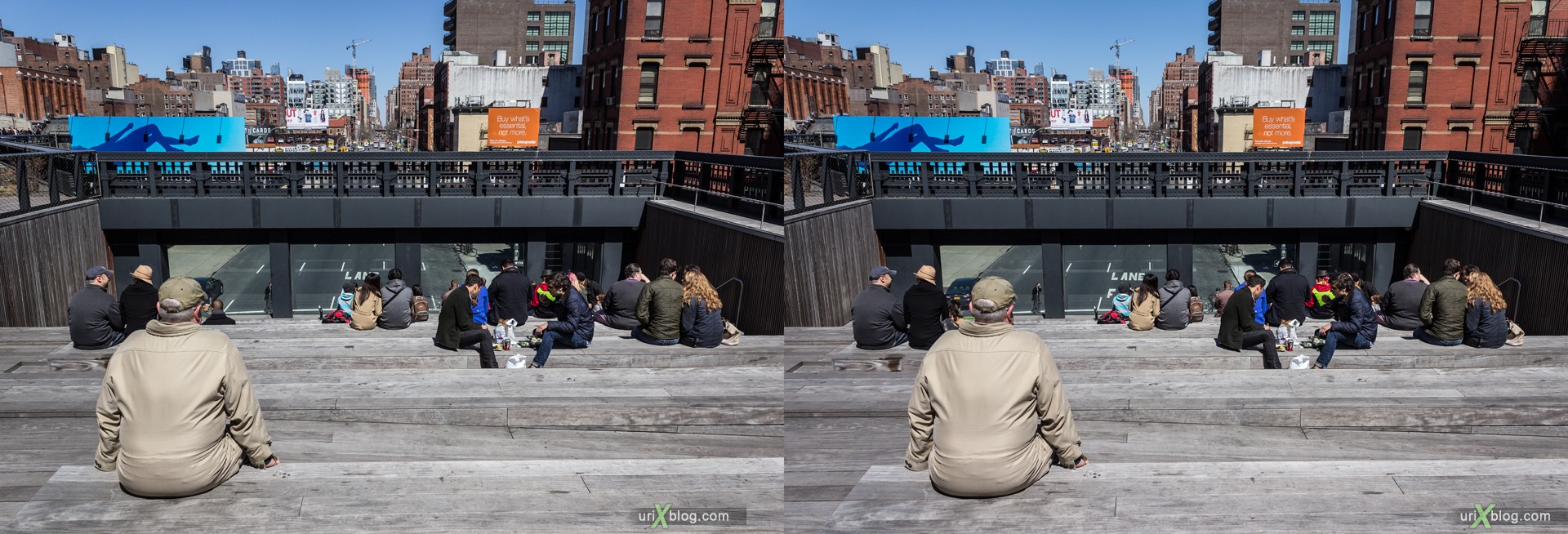 2013, High Line, park, railway, people, NYC, New York, Manhattan, USA, 3D, stereo pair, cross-eyed, crossview, cross view stereo pair, stereoscopic