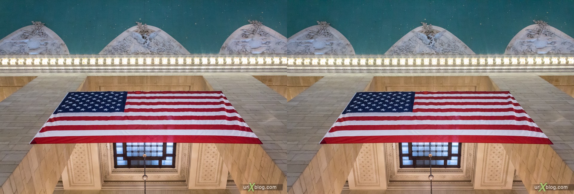 2013, Американский флаг, Grand Central Terminal, Нью-Йорк, США, 3D, перекрёстные стереопары, стерео, стереопара, стереопары