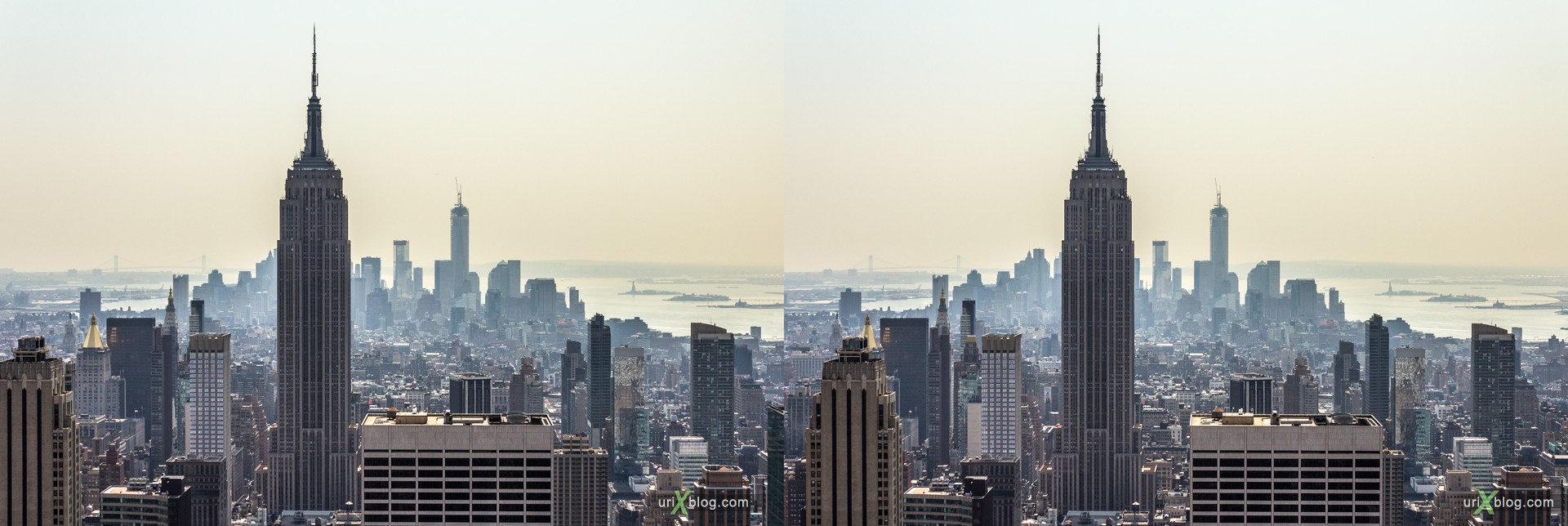 2013, NYC, New York, Lower Manhattan, Empire State Building, Top of the Rock Observation Deck, Rockefeller Canter, view from the top, city, building, skyscraper, panorama, 3D, stereo pair, cross-eyed, crossview, cross view stereo pair, stereoscopic