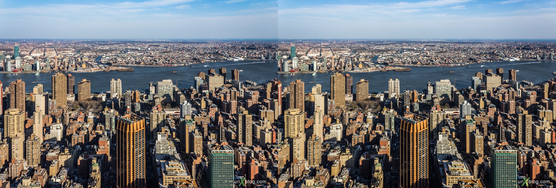 2013, NYC, New York, Manhattan, East River, Empire State Building, view from the top, city, building, skyscraper, panorama, 3D, stereo pair, cross-eyed, crossview, cross view stereo pair, stereoscopic