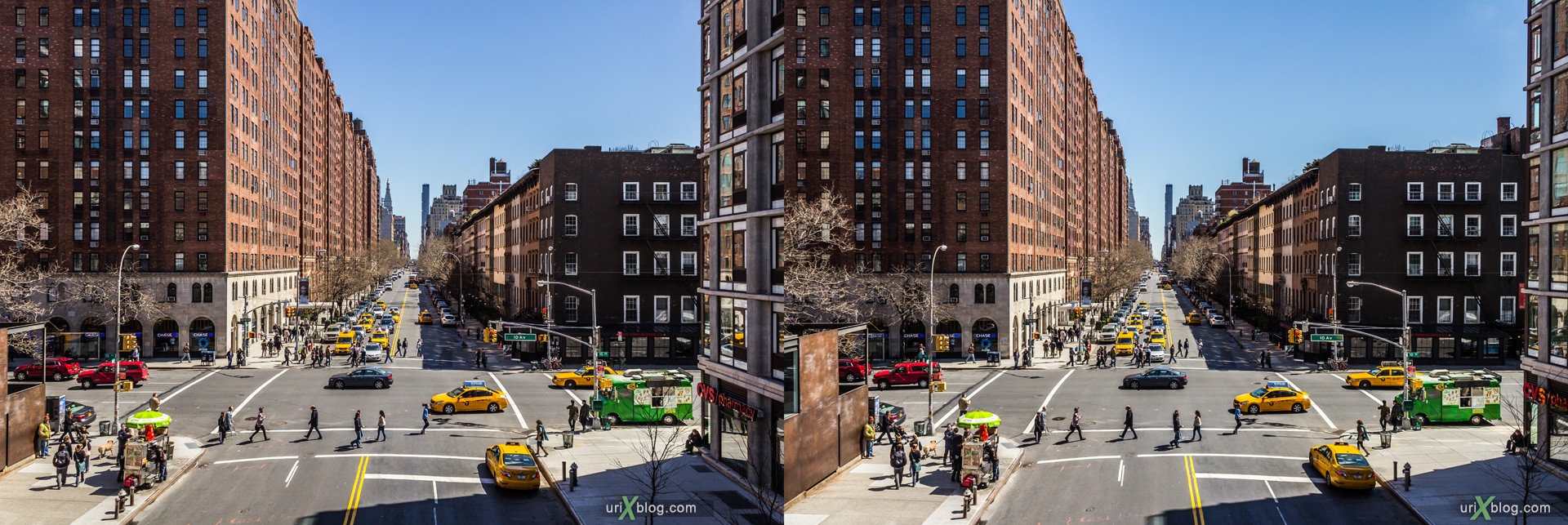 2013, NYC, New York, Manhattan, W 23rd Street, High Line, view from the top, city, building, skyscraper, panorama, 3D, stereo pair, cross-eyed, crossview, cross view stereo pair, stereoscopic