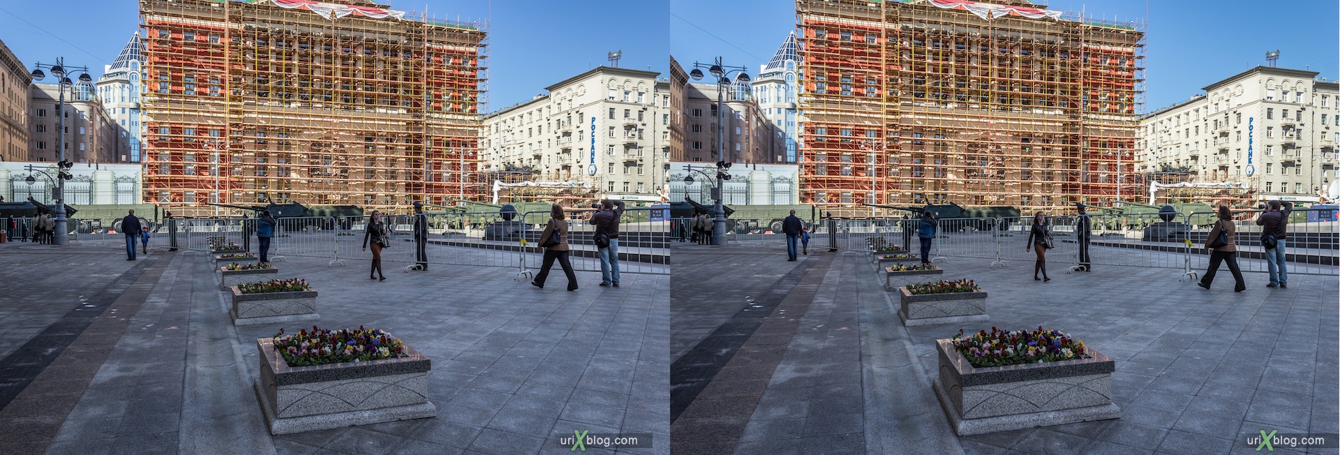 2013, Russia, Moscow, 9 may, parade training, Tverskaya street, preparations, military vehicles, tanks, soldiers, armored troop-carrier, 3D, stereo pair, cross-eyed, crossview, cross view stereo pair, stereoscopic