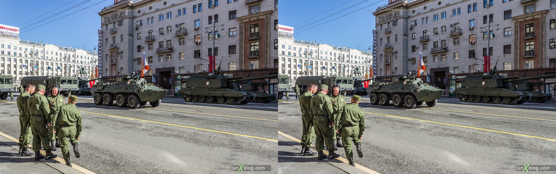 2013, Russia, Moscow, 9 may, parade training, Tverskaya street, preparations, military vehicles, tanks, soldiers, armored troop-carrier, 3D, stereo pair, cross-eyed, crossview, cross view stereo pair, stereoscopic