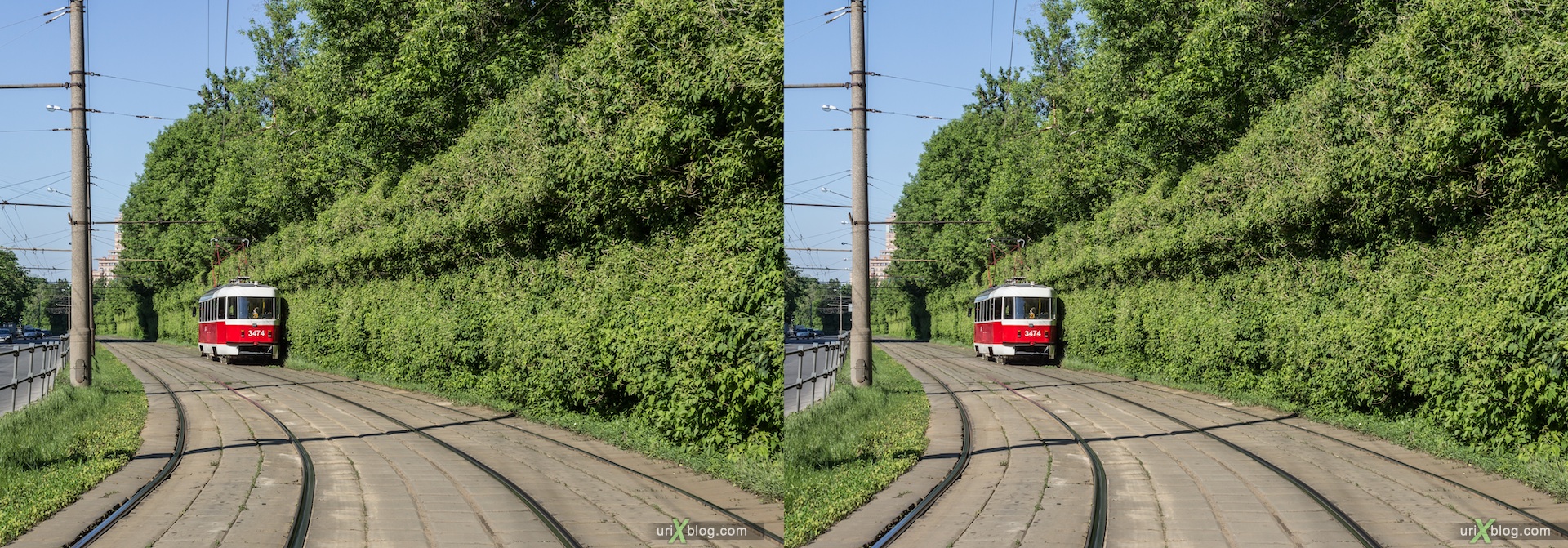2013, Tram, line, railway, trees, forrest, road, Voykovskaya, Shukinskaya, Moscow, Russia, 3D, stereo pair, cross-eyed, crossview, cross view stereo pair, stereoscopic