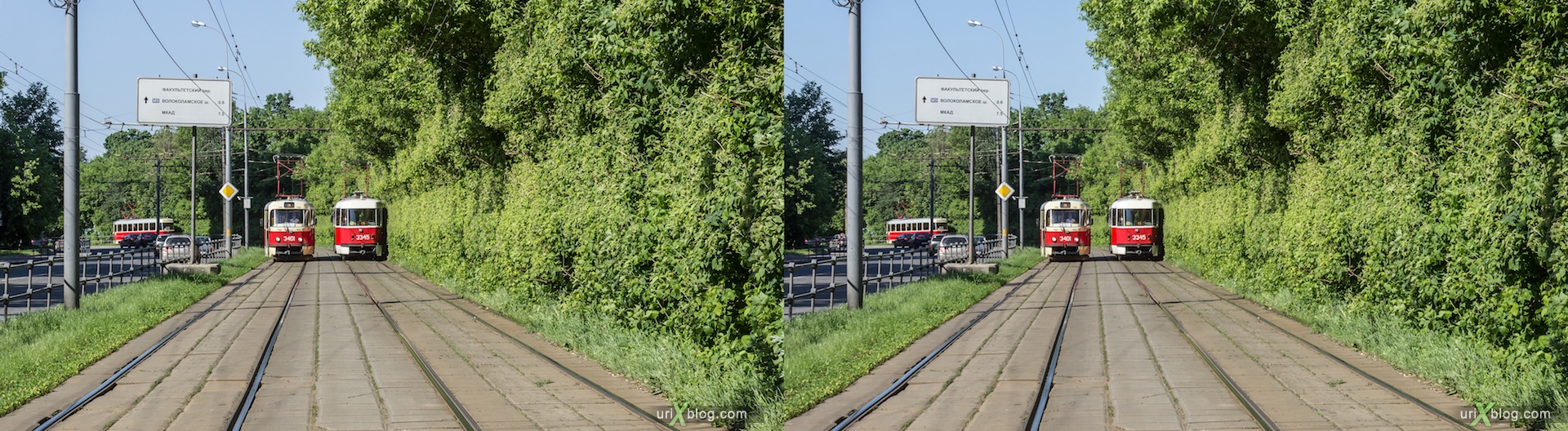 2013, Tram, line, railway, trees, forrest, road, Voykovskaya, Shukinskaya, Moscow, Russia, 3D, stereo pair, cross-eyed, crossview, cross view stereo pair, stereoscopic